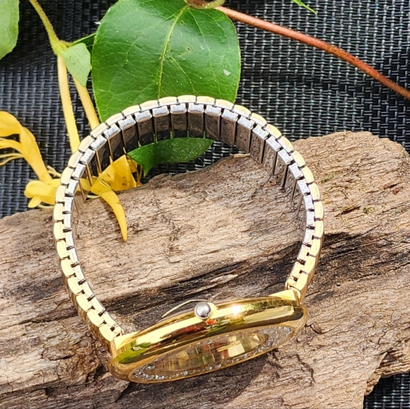 Gold Toned Women's Stretch Band Bracelet Watch with Rhinestone Crystal Accents - Picture 3 of 10